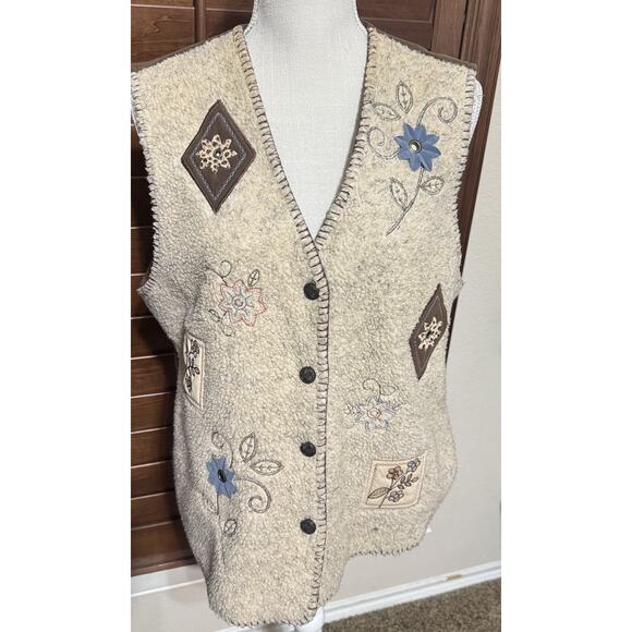 Vintage 90s Alfred Dunner Vest Embroidered Fleece Sherpa Brown & Cream Fall Sz M - Picture 1 of 10